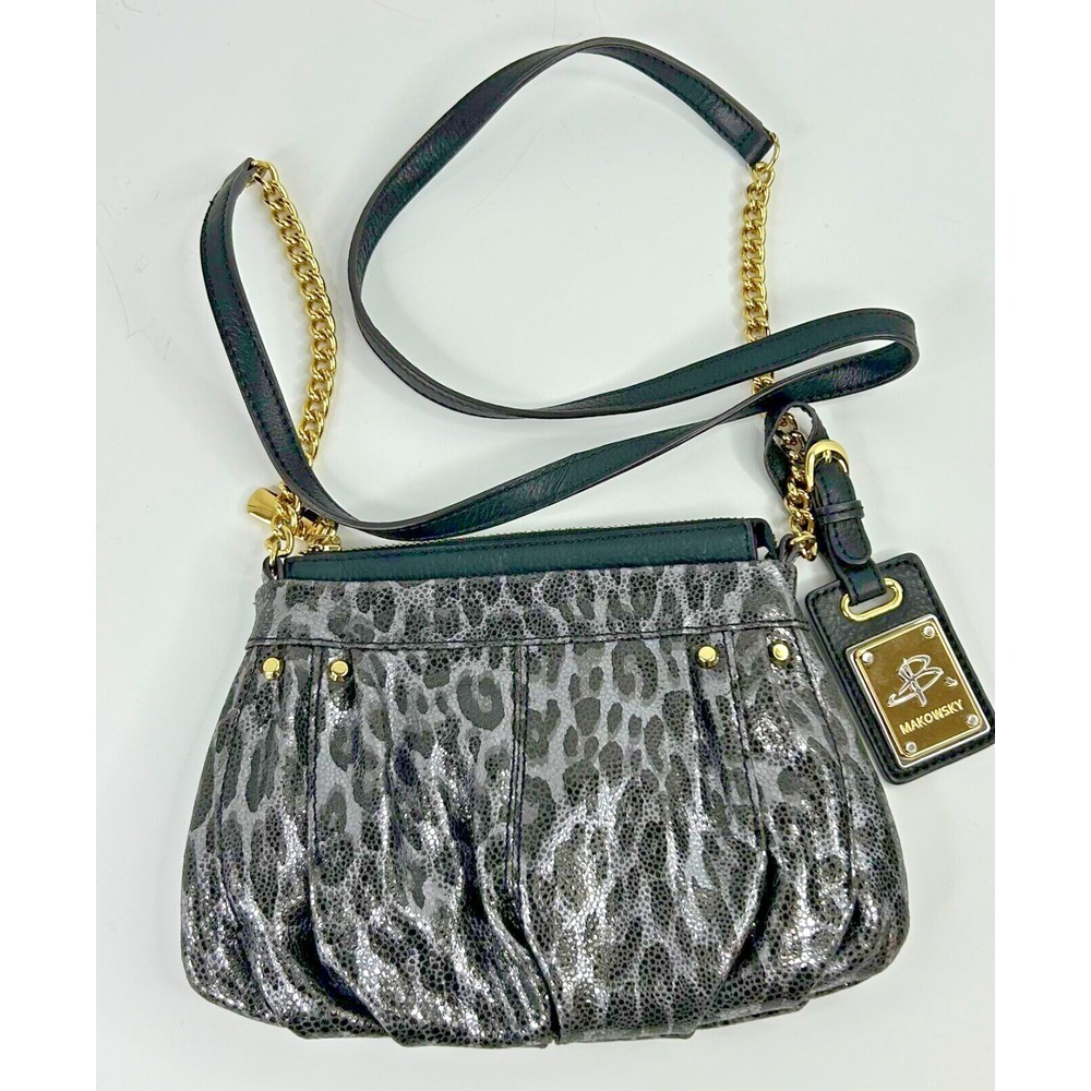 B MAKOWSKY Leather Small Metallic Silver Black Leopard Chain Crossbody Clean A+‎